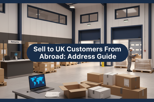 International seller managing UK ecommerce parcels, shipping and returns at a professional warehouse with loading bays, with a banner reading “Sell to UK Customers From Abroad: Address Guide”