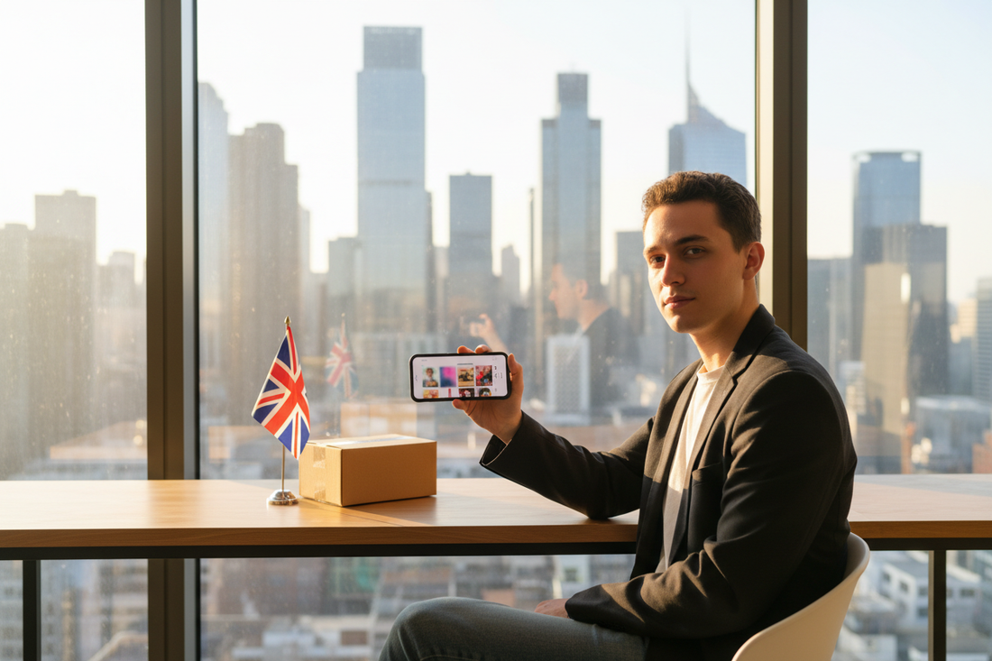 International seller holding a smartphone with a social commerce feed beside a UK flag and parcel, representing how overseas sellers can get a UK address fast for TikTok Shop