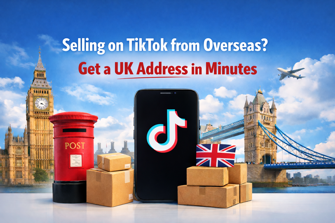 Selling on TikTok from overseas hero banner showing UK landmarks, parcels and TikTok phone promoting getting a UK address in minutes