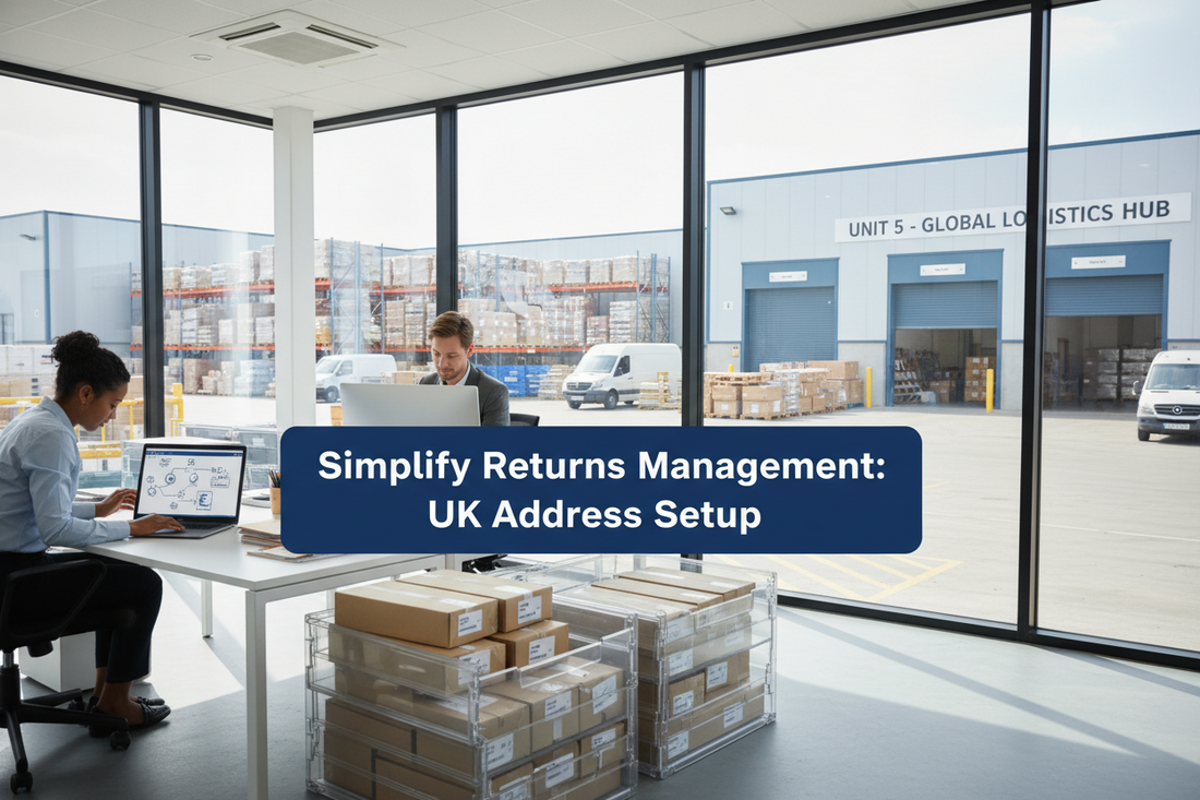 Bright UK warehouse office with returned parcels, mail trays and returns workflow.