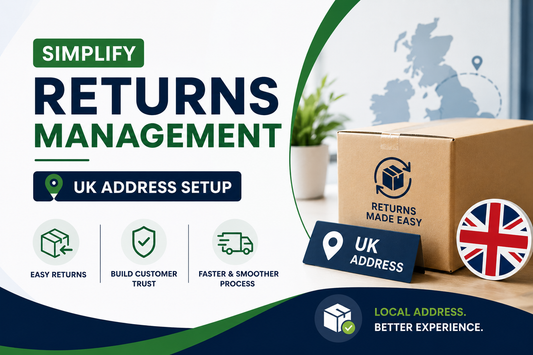 Returns management UK address setup banner with parcel box, UK flag, location icon, and easy returns message.