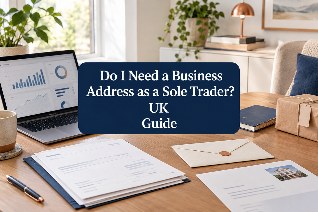 Sole trader workspace with laptop, business invoices, correspondence, parcel and professional address materials.⠋