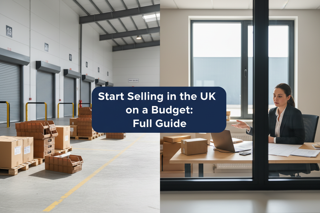 International founder preparing a lean UK ecommerce launch in a bright commercial warehouse office with parcels, mail trays and loading bays, featuring a slightly raised navy panel reading “Start Selling in the UK on a Budget: Full Guide”
