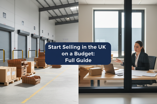 International founder preparing a lean UK ecommerce launch in a bright commercial warehouse office with parcels, mail trays and loading bays, featuring a slightly raised navy panel reading “Start Selling in the UK on a Budget: Full Guide”