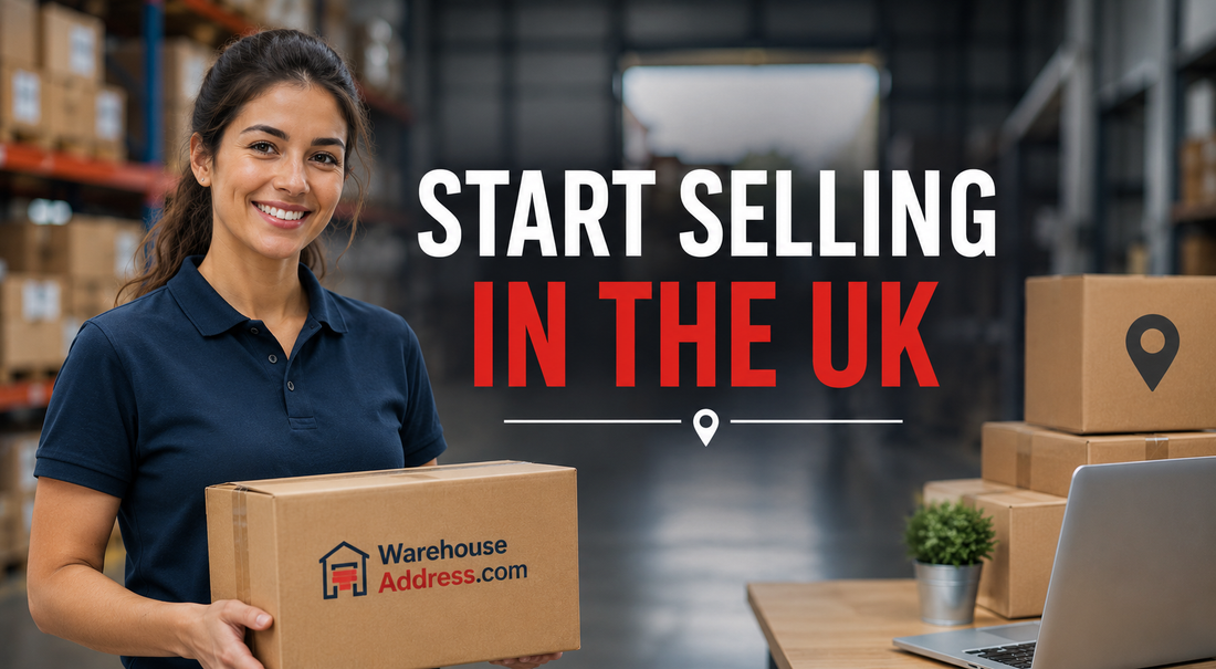 Business owner using a UK warehouse address service to start selling online without renting a warehouse.