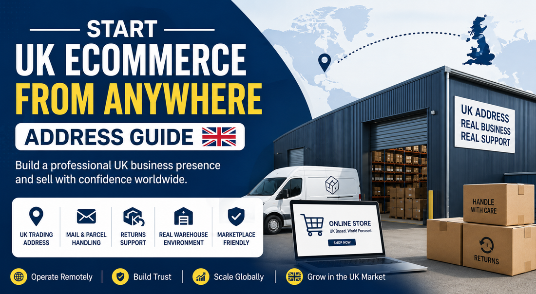Professional UK ecommerce banner showing warehouse address services for overseas sellers, including UK trading address, returns handling, mail support and remote ecommerce business setup.