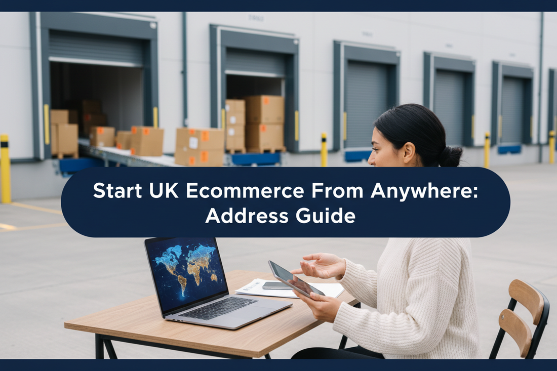 Remote entrepreneur managing UK ecommerce orders, parcels and returns from abroad with a professional UK warehouse and trading-estate setting, with a banner reading “Start UK Ecommerce From Anywhere: Address Guide”