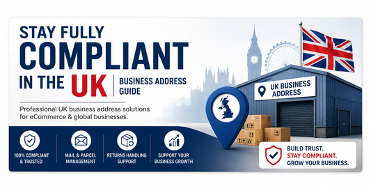 Professional horizontal banner for UK business address compliance services featuring warehouse building, UK flag, ecommerce parcel icons, and centred text “Stay Fully Compliant in the UK – Business Address Guide”.