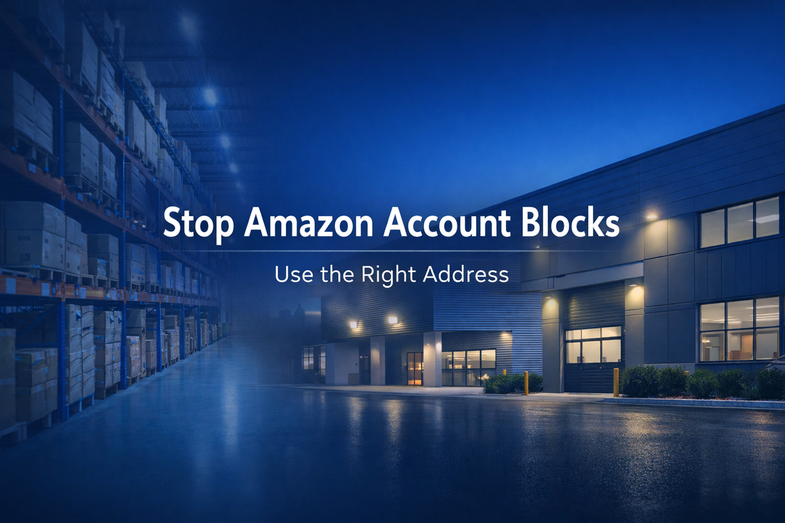Stop Amazon account blocks UK address solution banner with warehouse and commercial building background