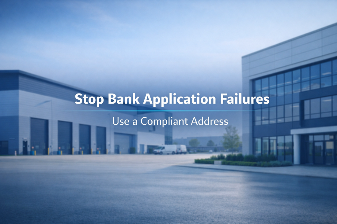 Stop bank application failures with a compliant UK business address banner on a modern warehouse background
