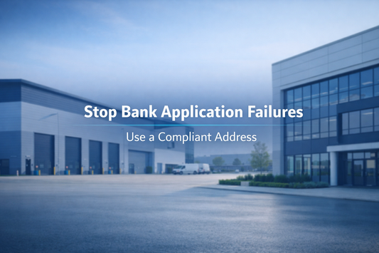 Stop bank application failures with a compliant UK business address banner on a modern warehouse background