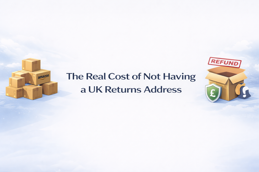 Premium white hero banner with centred title “The Real Cost of Not Having a UK Returns Address” featuring parcel boxes and refund concept illustration on both sides.