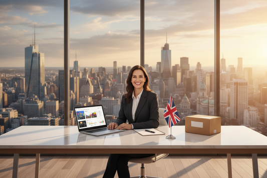 Entrepreneur at a modern desk with a laptop, UK flag and parcel box representing the simplest way to get a UK trading address for online selling