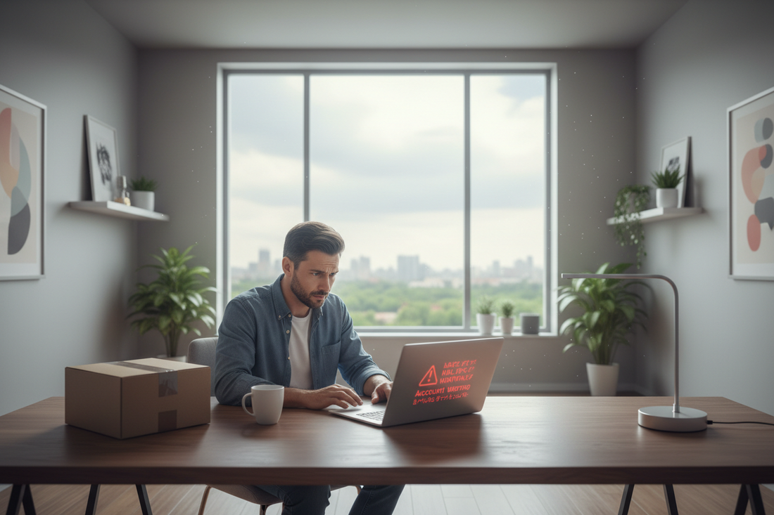 Online seller viewing an account warning on a laptop beside an unprocessed return parcel, illustrating the compliance risks of not having a UK returns address on TikTok Shop