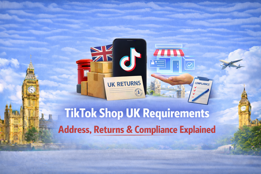 TikTok Shop UK requirements banner showing TikTok phone, parcels, UK returns label and compliance checklist with UK landmarks