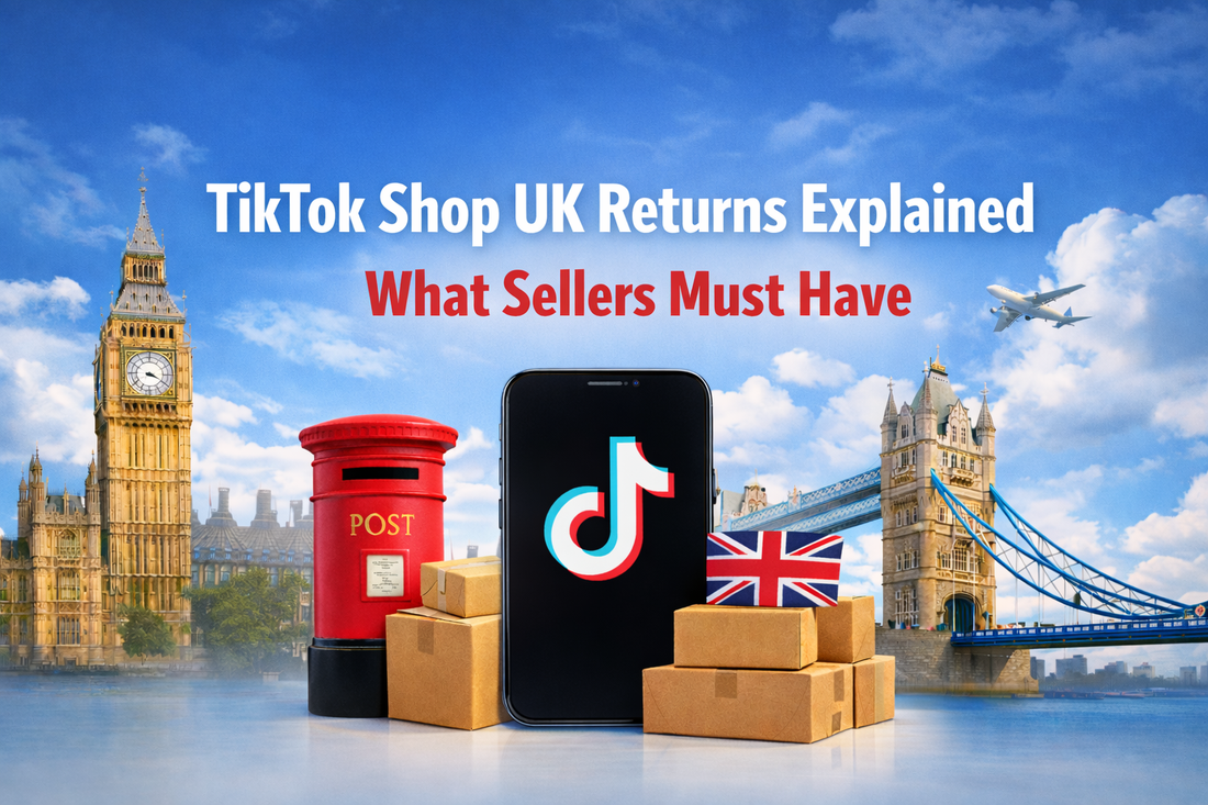 TikTok Shop UK returns explained hero banner showing parcels, TikTok phone and UK landmarks highlighting what sellers must have for returns