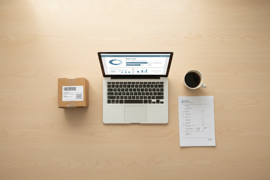Overhead flat lay of a laptop, shipping parcel and seller checklist, illustrating the TikTok Shop UK setup process for overseas sellers