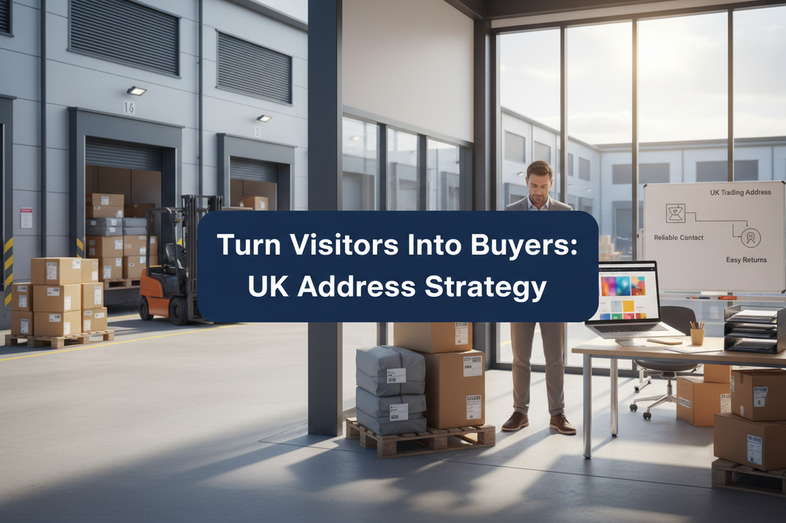Founder reviewing ecommerce customer trust operations in a bright UK commercial warehouse office with parcels, returns packages and mail trays.