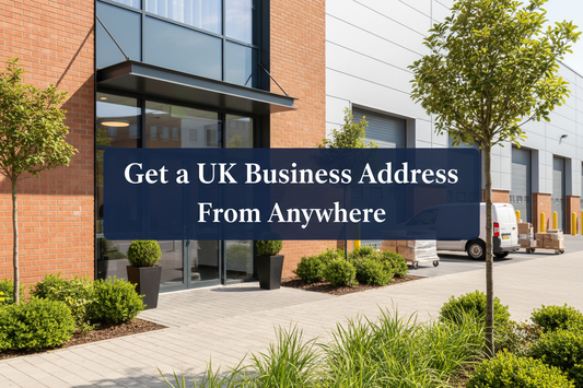 Bright modern UK office entrance connected to a working warehouse, with green plants, landscaping and a navy panel reading “Get a UK Business Address From Anywhere”.