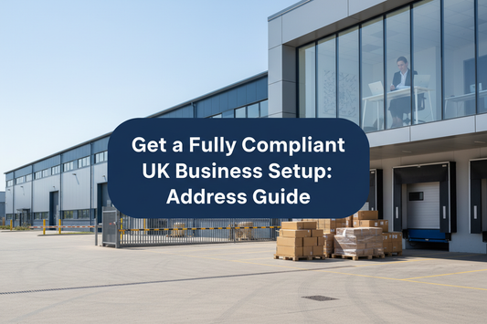 Business owner planning a UK business setup in a professional warehouse office with address records, parcels, loading bays and returns operations, with a precisely centred two-line banner reading “Get a Fully Compliant UK Business Setup: Address Guide”