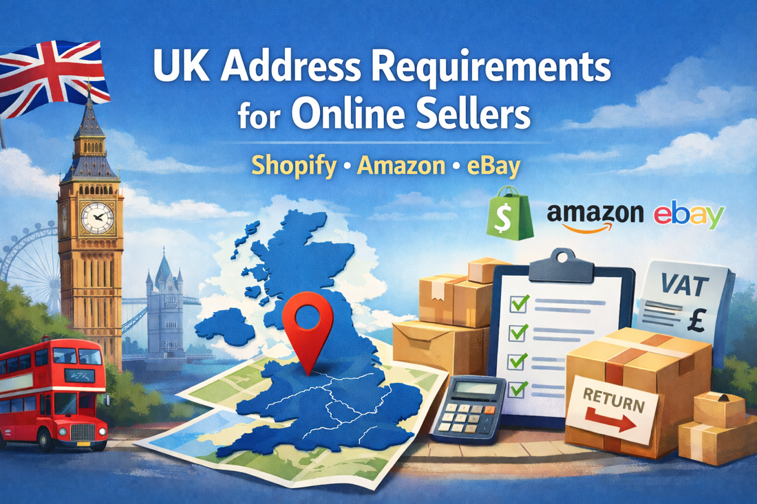 UK Address Requirements for Online Sellers banner with central title, UK map, Big Ben, and ecommerce return and VAT icons