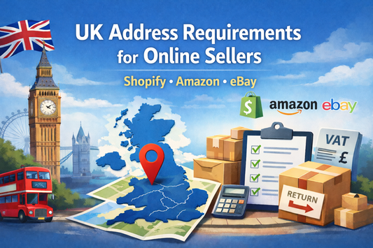 UK Address Requirements for Online Sellers banner with central title, UK map, Big Ben, and ecommerce return and VAT icons