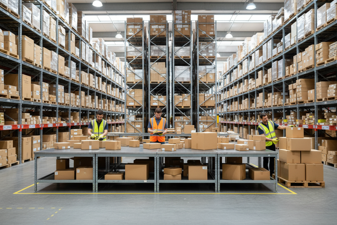 UK warehouse workers processing parcels and returns at a commercial sorting table representing UK address requirements for Shopify, Amazon and eBay sellers