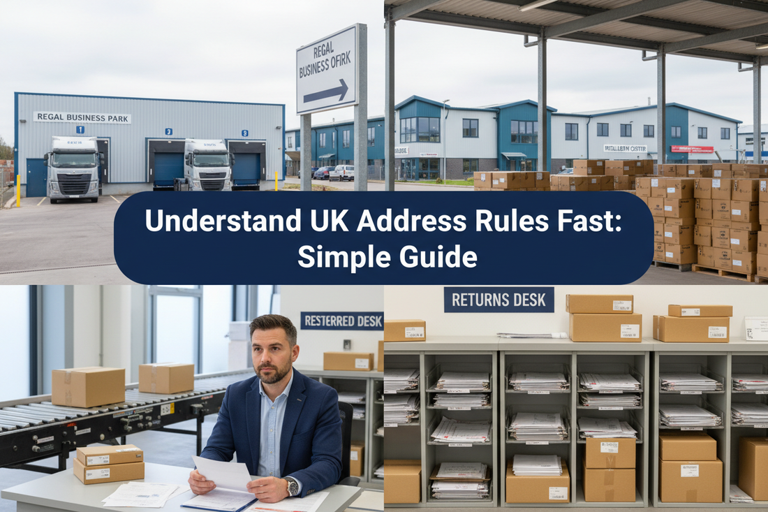 Business owner comparing UK registered-office, trading, mail, returns and fulfilment address records in a professional warehouse office, with a slightly raised two-line banner reading “Understand UK Address Rules Fast: Simple Guide”