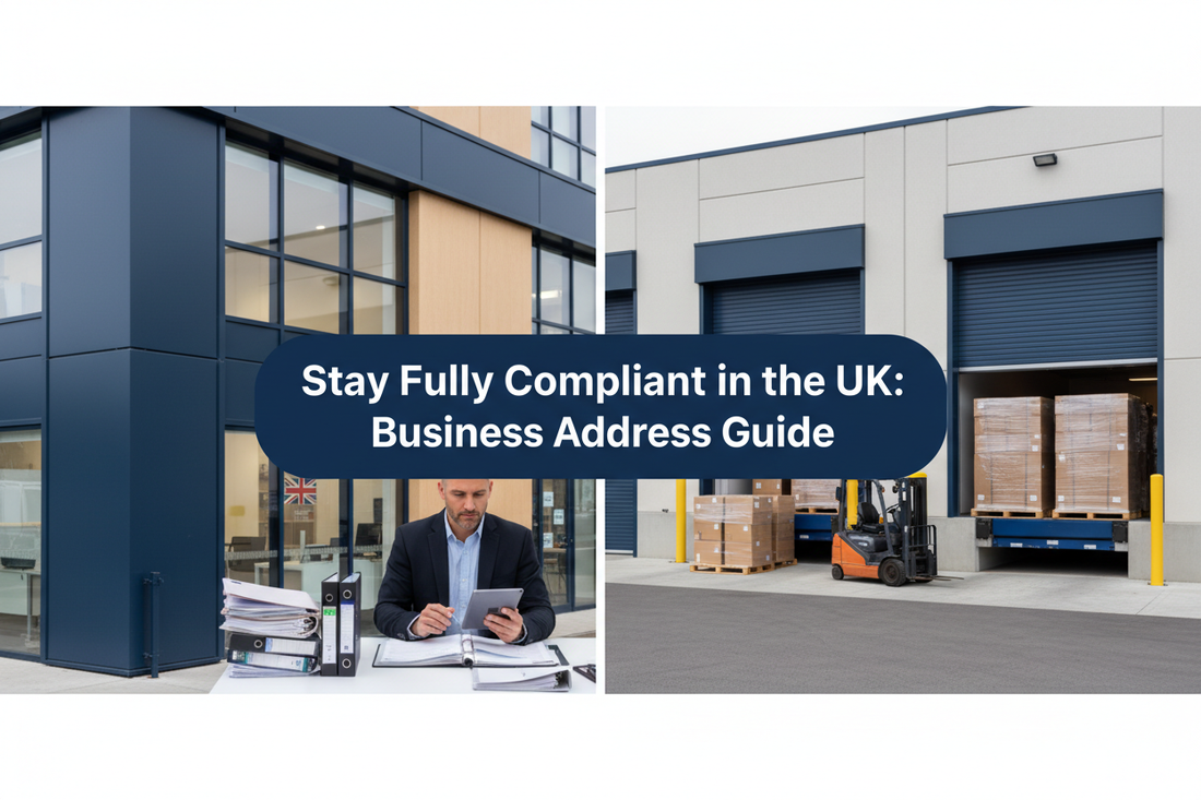 Business owner reviewing UK address and compliance records in a professional warehouse office with parcels, loading bays and ecommerce operations, with a centred banner reading “Stay Fully Compliant in the UK: Business Address Guide”