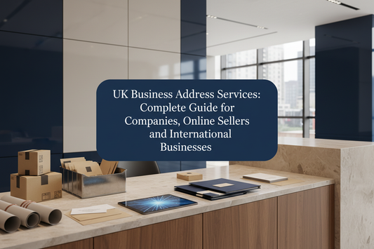 UK commercial business desk with company documents, envelopes, ecommerce parcels and address-management materials.⠋