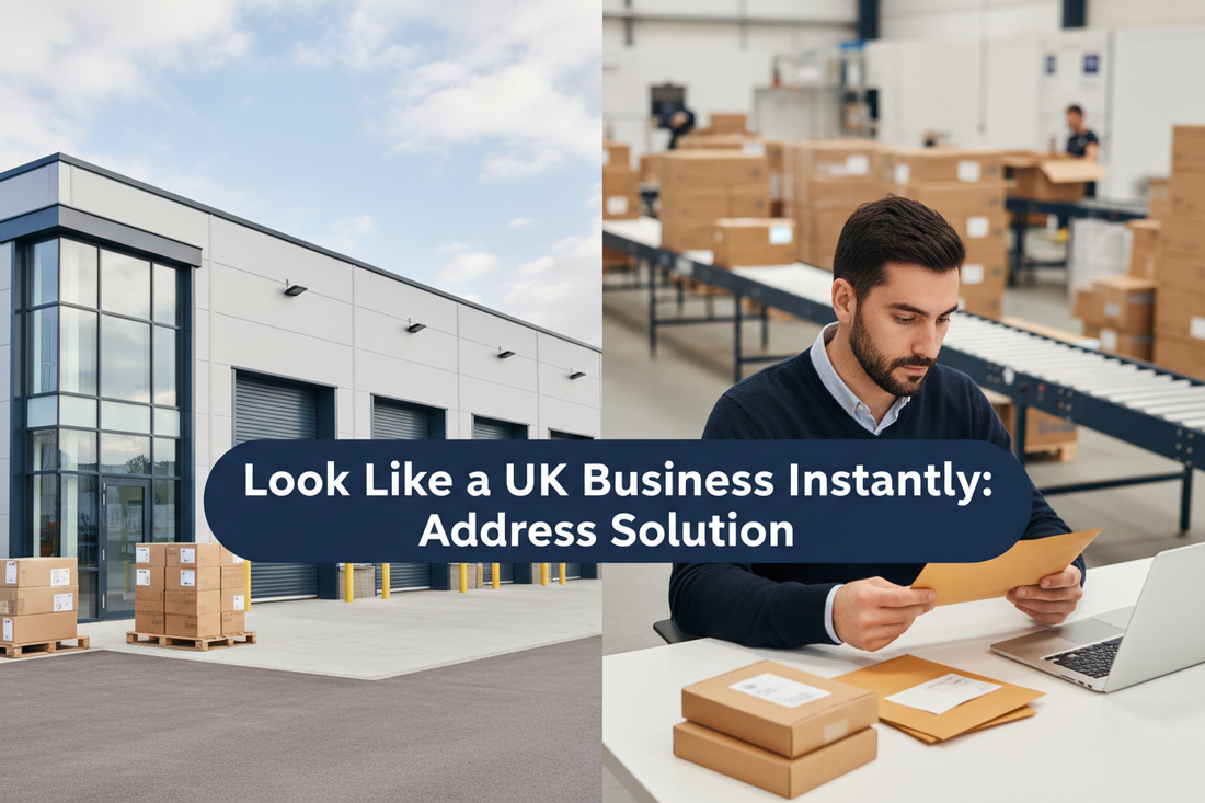 Overseas entrepreneur reviewing business mail at a professional UK warehouse and trading-estate address with parcels and loading bays, with a banner reading “Look Like a UK Business Instantly: Address Solution”