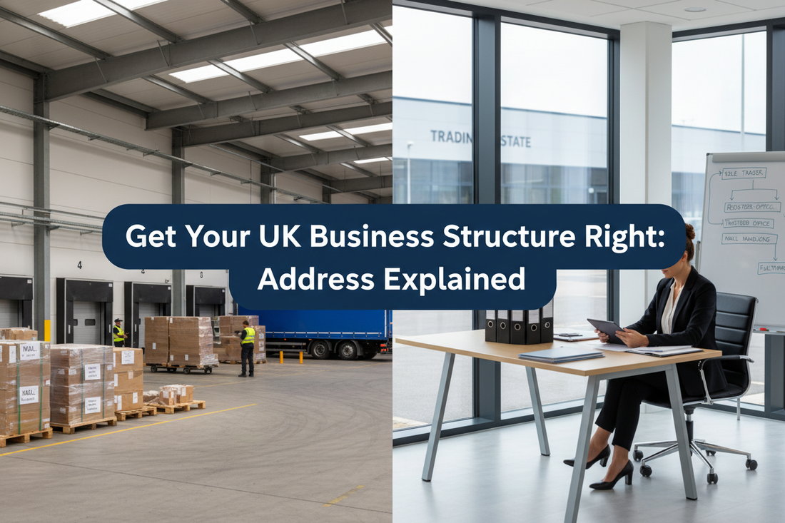 Founder reviewing UK business structure and address records in a professional warehouse office with mail trays, parcels, loading bays and returns operations, with a centred two-line banner reading “Get Your UK Business Structure Right: Address Explained”