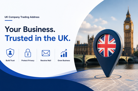 UK company trading address banner showing a UK map pin, London background and business trust icons for privacy, mail handling and growth.