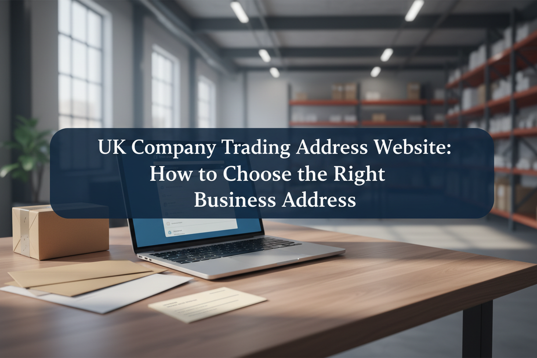 UK business website contact screen beside company mail, address card and parcel on a commercial office desk.