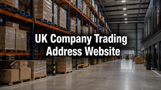 Modern UK warehouse with stacked parcels and the title “UK Company Trading Address Website”