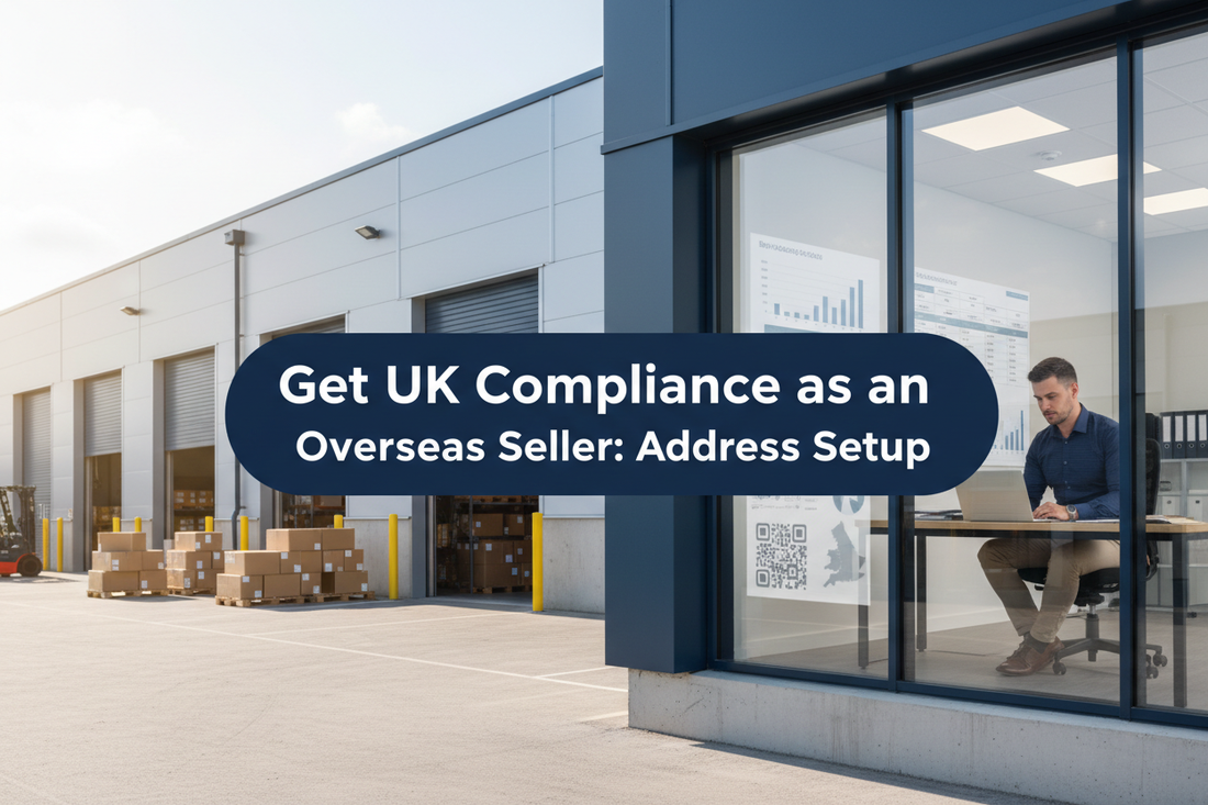 Overseas seller reviewing UK business address and compliance documents in a professional warehouse office with parcels and loading bays, with a banner reading “Get UK Compliance as an Overseas Seller: Address Setup