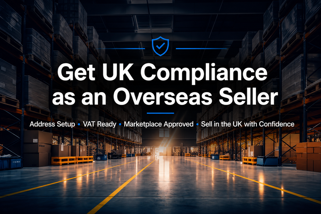 UK warehouse interior banner with centered text highlighting compliance setup for overseas ecommerce sellers