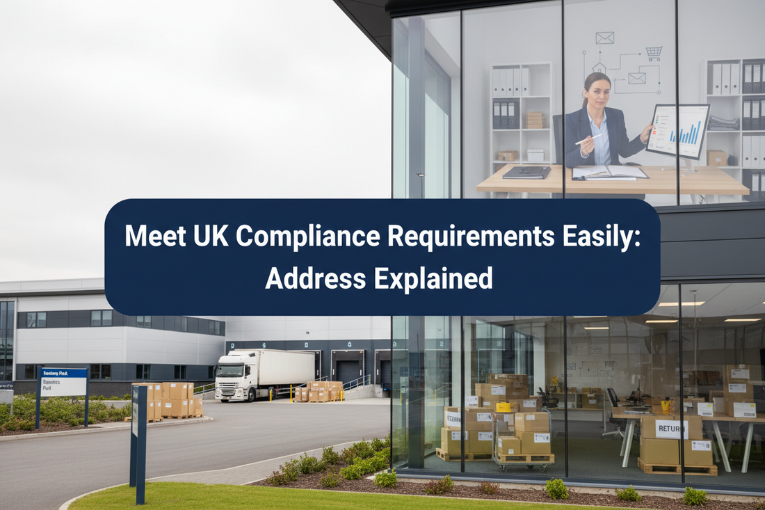 Business owner reviewing UK address and compliance records in a professional warehouse office with parcels, loading bays and customer returns, with a centred two-line banner reading “Meet UK Compliance Requirements Easily: Address Explained”