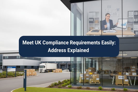 Business owner reviewing UK address and compliance records in a professional warehouse office with parcels, loading bays and customer returns, with a centred two-line banner reading “Meet UK Compliance Requirements Easily: Address Explained”