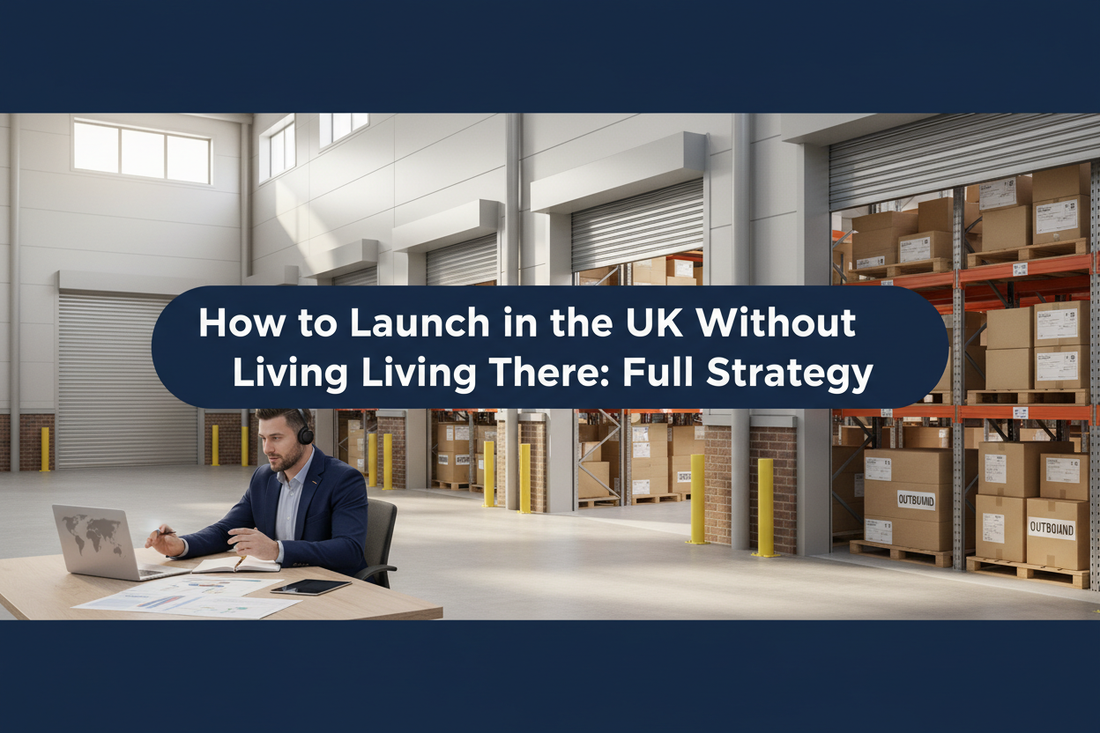 Overseas ecommerce operator planning a UK launch from a professional warehouse office with parcels, loading bays and fulfilment activity, with a banner reading “How to Launch in the UK Without Living There: Full Strategy”