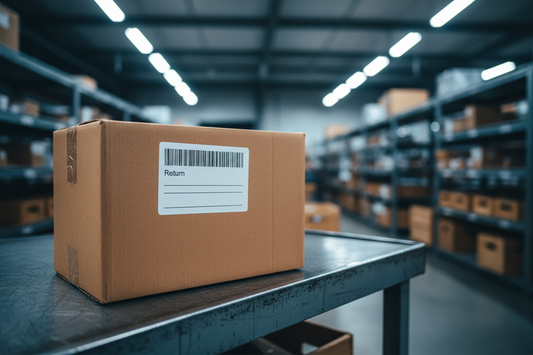 A cardboard return parcel with a return label on a warehouse sorting table, illustrating UK returns address handling for TikTok Shop sellers