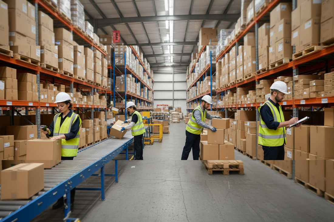 Multiple UK warehouse workers actively processing eBay returns at a commercial sorting facility representing professional UK returns handling for overseas sellers