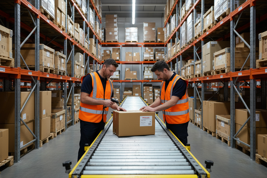 Two warehouse workers scanning and inspecting returned parcels on a conveyor belt at a UK commercial warehouse representing UK returns handling for international e-commerce sellers