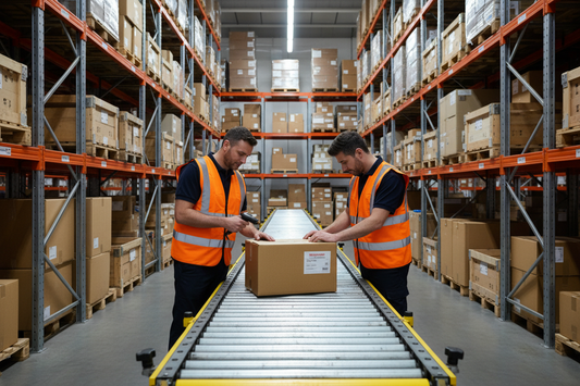 Two warehouse workers scanning and inspecting returned parcels on a conveyor belt at a UK commercial warehouse representing UK returns handling for international e-commerce sellers