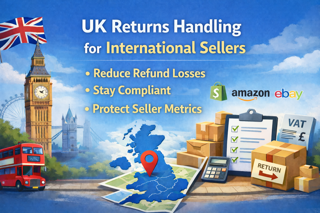 UK Returns Handling for International Sellers banner with centred title, UK landmarks, returns boxes and ecommerce platform icons
