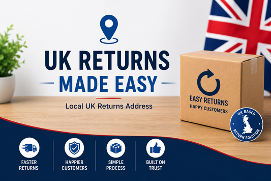 UK returns address banner with parcel box, location icon and text UK Returns Made Easy