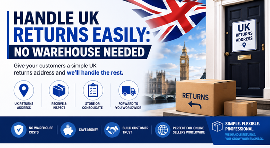 UK returns made easy with no warehouse needed, showing a returns parcel outside a UK address with simple receive and forward service.