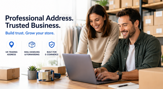 Professional UK trading address banner showing ecommerce business owners working with parcels and laptop to build trust with UK customers.