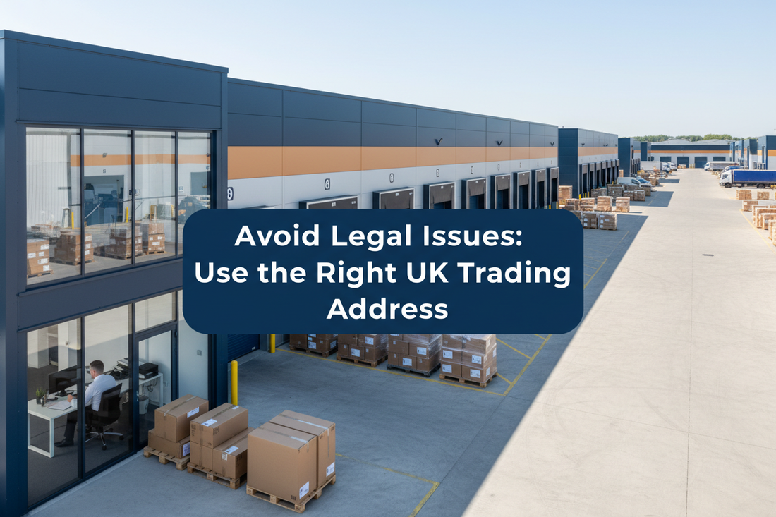 Business owner reviewing UK trading-address records in a professional warehouse and trading-estate office with parcels, loading bays and returns, with a centred banner reading “Avoid Legal Issues: Use the Right UK Trading Address”