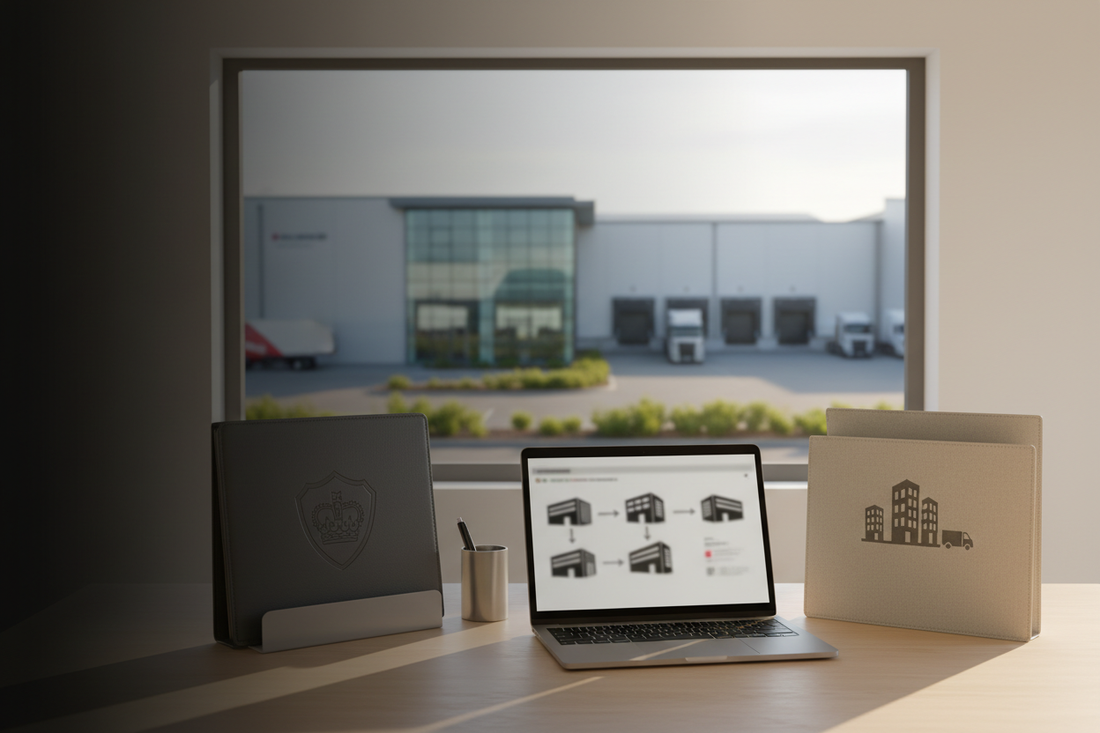 Laptop and business documents representing a UK trading address and registered office comparison